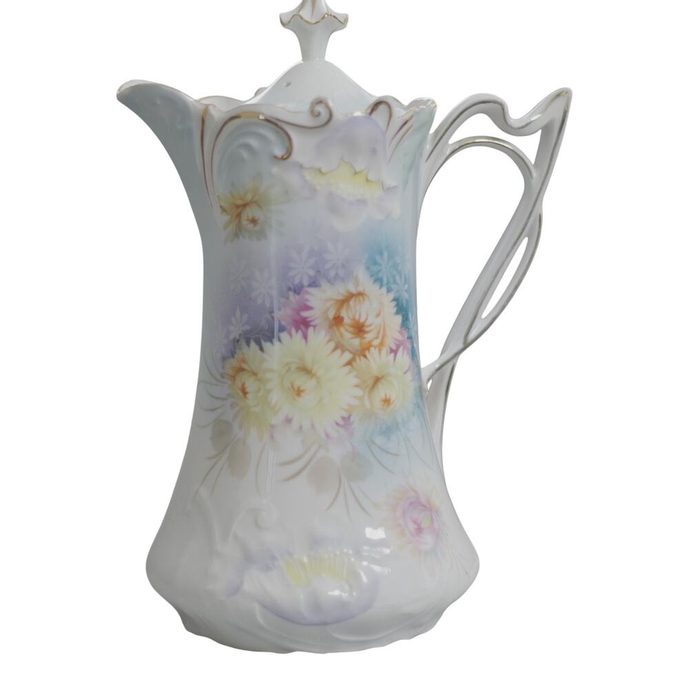 Antique RS Prussia Style Chocolate Pot Floral Porcelain Art Nouveau 10"